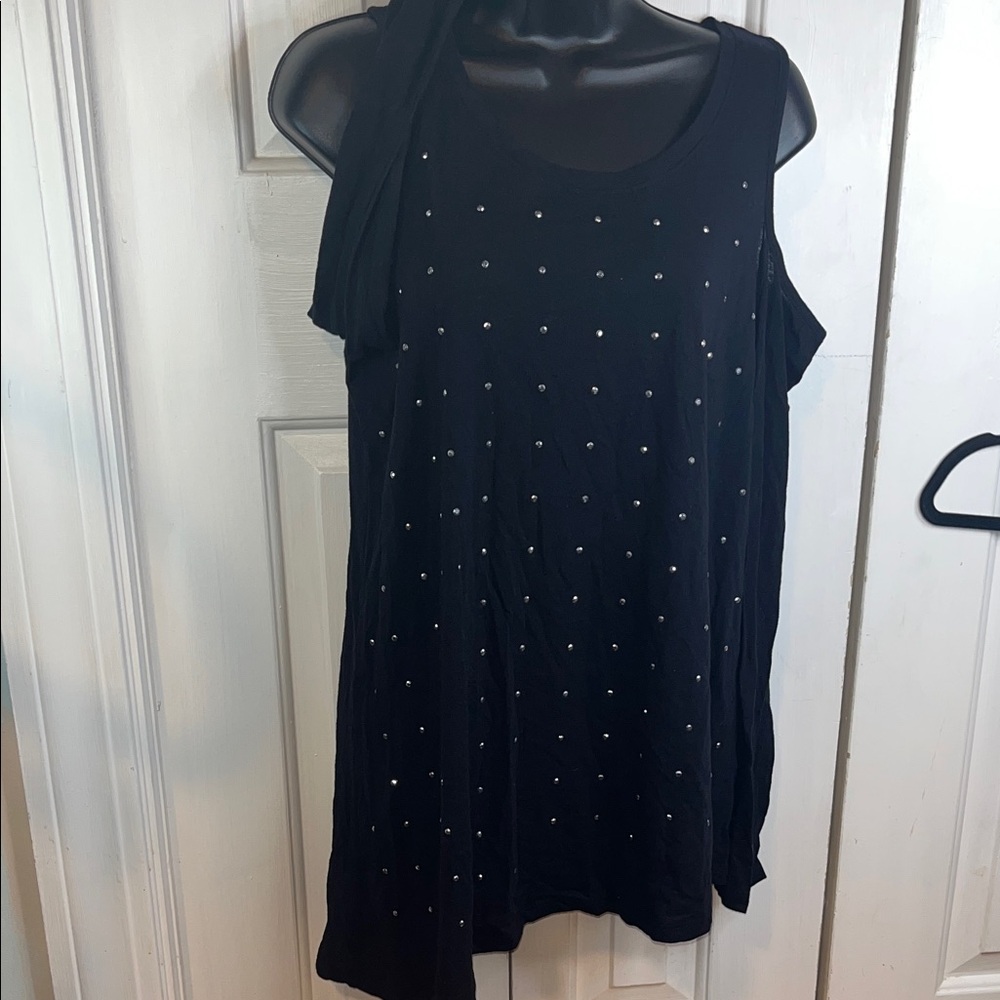 NWT ANA SZ M Elegant Black Top with Studded Detail cold shoulder long sleeve